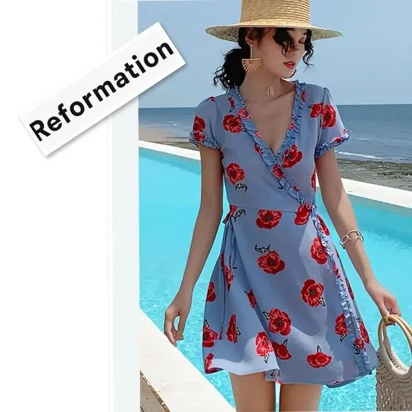 Reformation Garnet Wrap Dress Pelyana V-Neck Floral Print Dress In Blue Ref Sz S - Picture 2 of 16